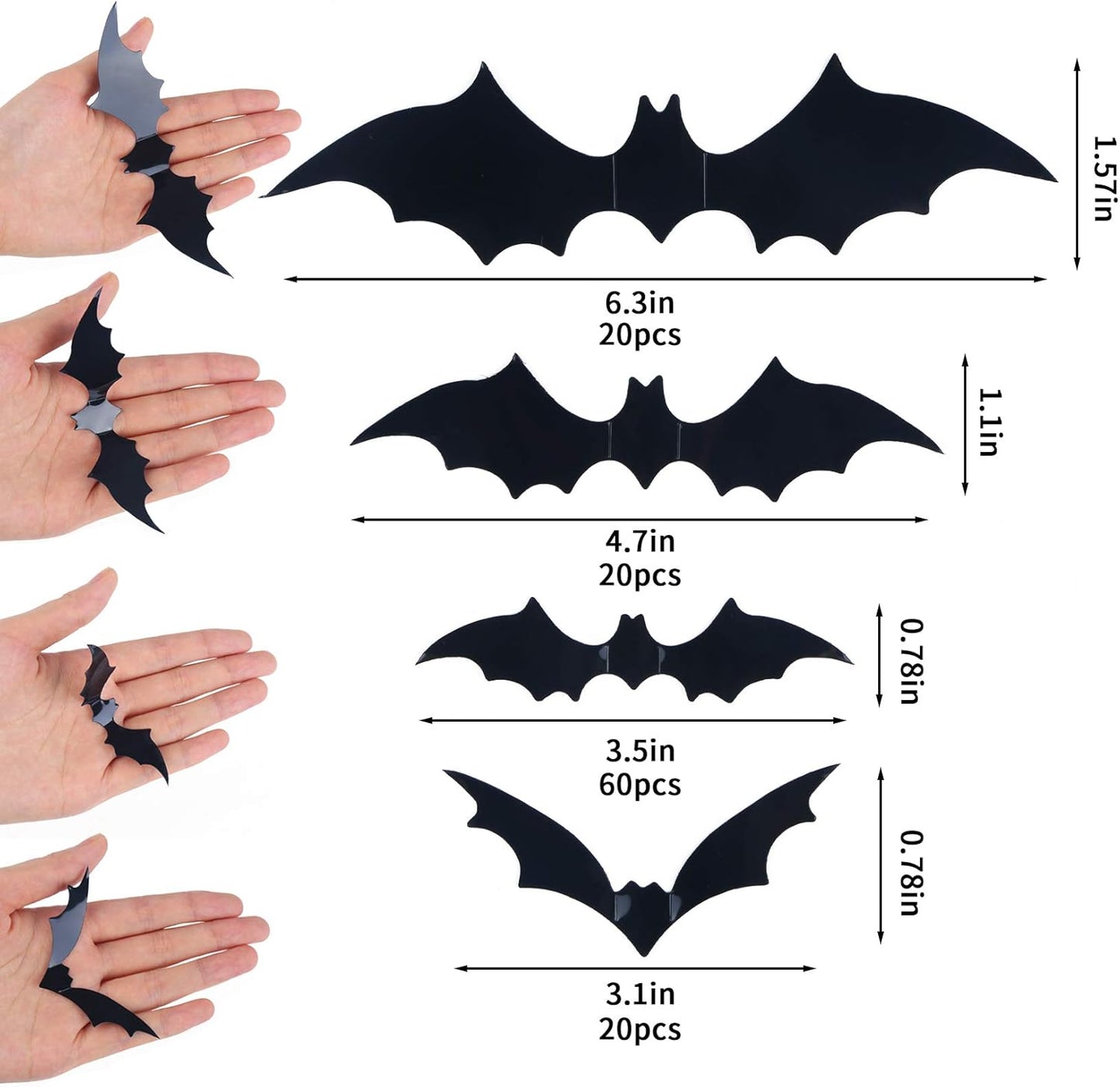 DIYASY Bats Wall Decor, 120 Pcs 3D Bat Halloween Decoration Stickers for Home Decor 4 Size Waterproof Black Spooky Bats for Room Decals