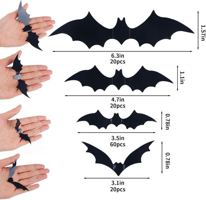 DIYASY Bats Wall Decor, 120 Pcs 3D Bat Halloween Decoration Stickers for Home Decor 4 Size Waterproof Black Spooky Bats for Room Decals
