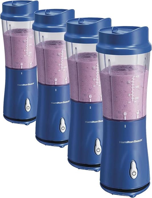 Hamilton Beach Portable Blender for Shakes and Smoothies,14 Oz BPA Free Travel Cup & Lid,Durable Stainless Steel Blades,Personal Smoothie Blender,Blue,51132G,(Pack of 4)