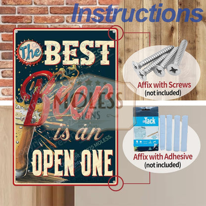 "The Best Beer is an Open One" Funny Bar Sign or Man Cave Decor | 12x8″ Durable Vintage Metal Beer Signs Wall Decorations for Home Bar/Basement/Garage/Mancave, 2347