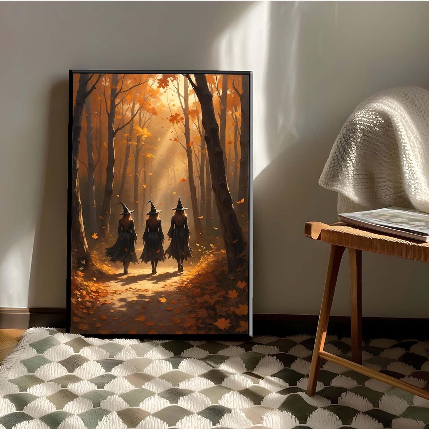 JFHCQJPK Three witches walking in the forest in autumn canvas painting gothic poster halloween print country witch wall art for home decoration20x30in Metal blackFramed