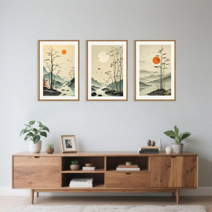 Chinoiserie Bamboo Forest Framed Canvas Wall Art Set, Nature Tree Lakes Wall Decor, Minimalist Zen Landscape Wall Painting, Watercolor Art Prints for Living Room, Bedroom, Office 16"X24"X3