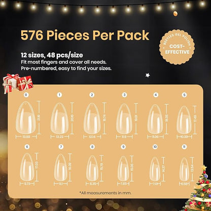 Beetles Gel Nail Tips 576Pcs Pre-shape Short Almond Etch-X Nail Tips,12 Sizes Soft Acrylic False Nail Tips Half Matte Full Cover Easy DIY Press On Nail Extensions Art Salon Gift Set for Women
