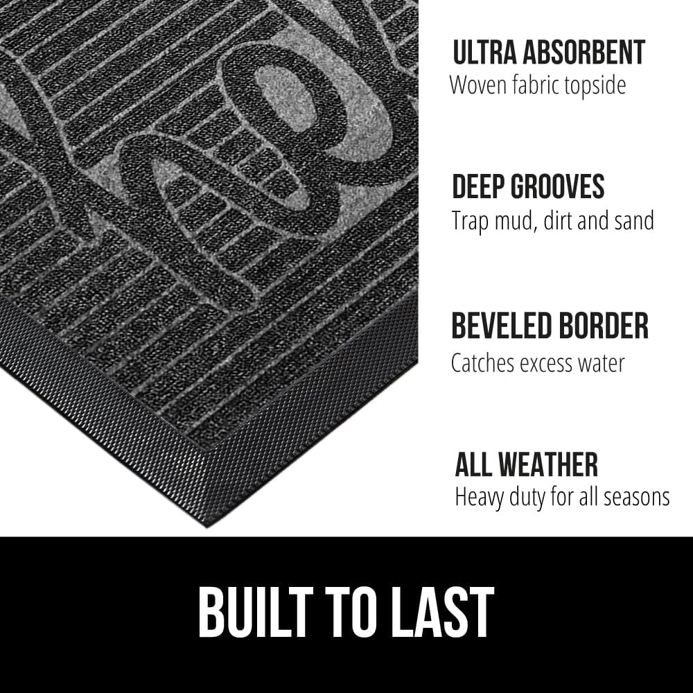 GORILLA GRIP 100% Waterproof All-Season WeatherMax Doormat 35x23, US Designed Natural Rubber, Stain and Fade Resistant, Low Profile Indoor Outdoor Door Mats, Easy Clean Patio Mat, Charcoal Hello