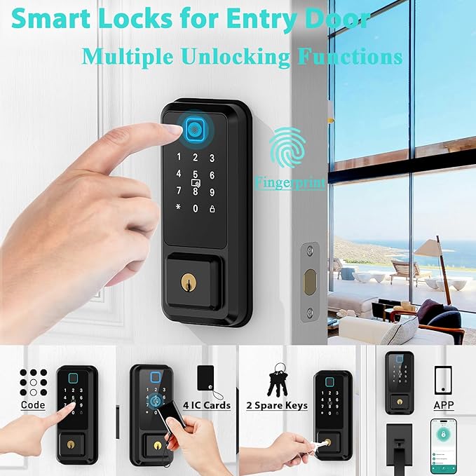 Smart Locks for Front Door with Handle Set, App Control, WiFi Front Door Lock Touchscreen keypad, Keyless Entry Door Lock Fingerprint Deadbolt, Auto Lock (Black)