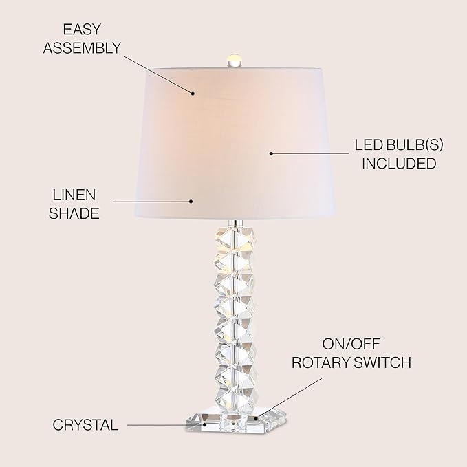 JONATHAN Y 25.5" Clear Faceted Crystal Table Lamp, Modern Glam Chrome Bedside Lamp with White Linen Drum Shade for Living Room Bedroom, UL Listed, LED Bulb Included JYL2013A