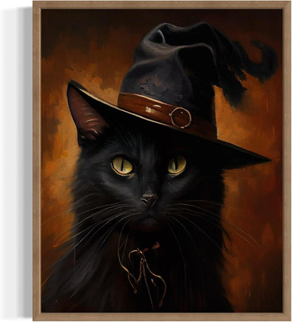 Witch Cat Poster Art Print, Halloween Scary Vintage Wall Art Academia Spooky Painting Decoration for Horror Prints, Gothic Posters Bedroom Decor 89 (Witch Cat, 16 x 20 inches, Wood Frame)