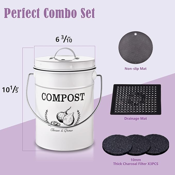 AOSION Countertop Compost Bin Kitchen,Odorless Indoor Compost Bin with Lid and Compost Bags,Compost Bucket Composter Container for Food Waste,White