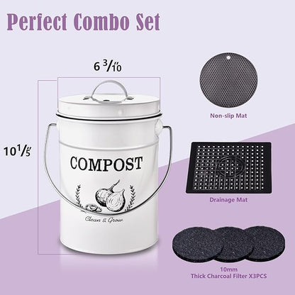 AOSION Countertop Compost Bin Kitchen,Odorless Indoor Compost Bin with Lid and Compost Bags,Compost Bucket Composter Container for Food Waste,White