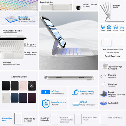 typecase Keyboard Case for iPad Pro 13-inch (M4) 2024,Magic Keyboard with 11 Colors Backlight for iPad Pro 13,Keyboard Case with Pencil Holder,Multi-Touch Trackpad, Easy-Set Magnetic Stand,(White)