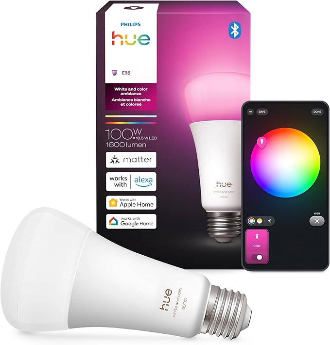 Philips Hue Smart LED A21 Bulb,White and Color Ambiance, E26 Base,13.5W, Full Spectrum Light 1000K-20000K,1600 Lumens, Dimmable, Compatible with Alexa, Google, Apple Home, 2pk