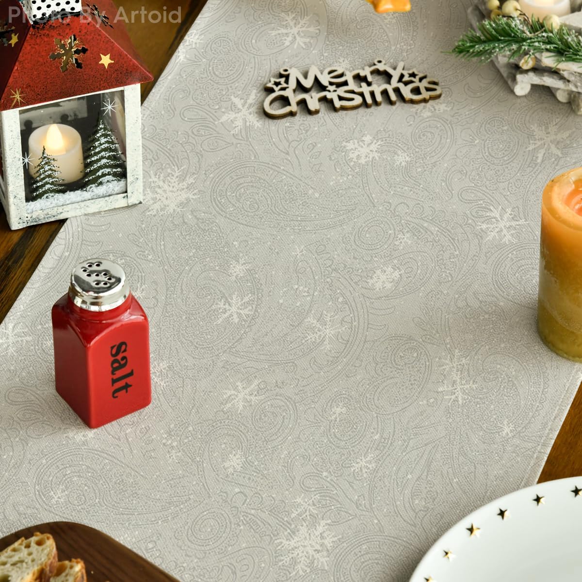Artoid Mode Snowman Birds Trees Christmas Table Runner, Seasonal Silver Winter Holiday Kitchen Dining Table Decoration for Home Party Decor 13 x 60 Inch