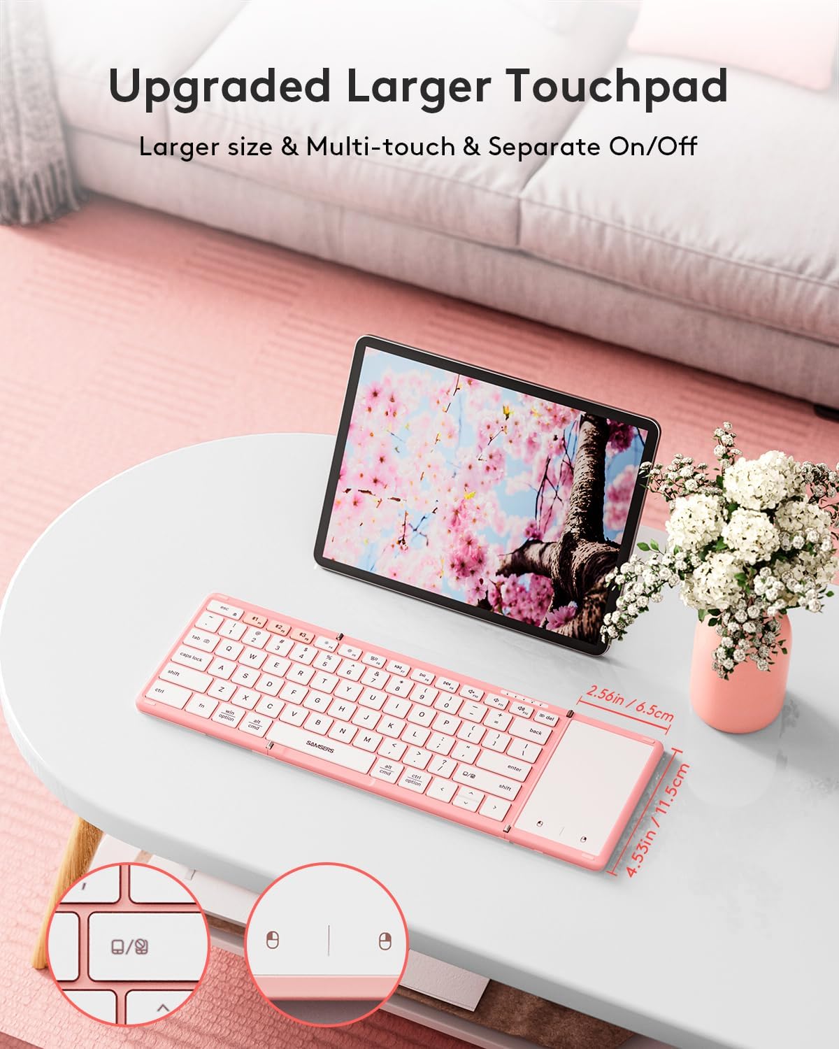 Samsers Foldable Bluetooth Keyboard with Touchpad, Full-Size Wireless Portable Travel Folding Keyboard for iOS Android Windows Mac OS, Support 3 Devices (BT5.1 x 3), Pink