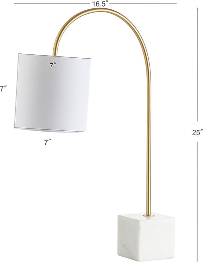 JONATHAN Y 25" Marble and Brass Gold Modern Arched Table Lamp, Contemporary Iron Desk Lamp with White Linen Drum Shade for Bedroom Living Room, LED Bulb Included JYL5023A