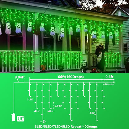 QITONG Green Icicle Lights for Outside, 66ft 800 LED Halloween Light Plug in with 8 Modes, Clear Wire Connectable Christmas Lights Indoor with 160 Drops