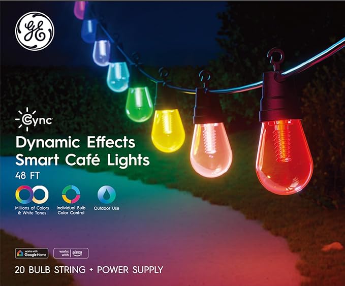 GE Cync Dynamic Effects Smart Cafe Lights, Color Changing Patio String Lights, Compatible with Alexa and Google, 48ft