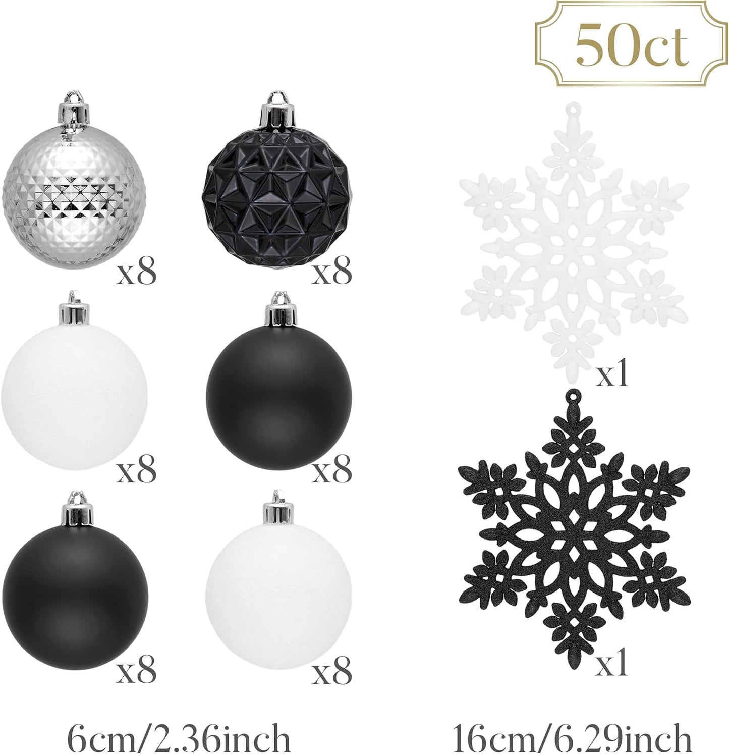 Valery Madelyn Christmas Tree Decorations Ornament Set for Fall Halloween Decor, 50ct Black and White Shatterproof Christmas Ball Ornaments Bulk, 2.36 Inches Hanging Decor for Xmas Holiday Party