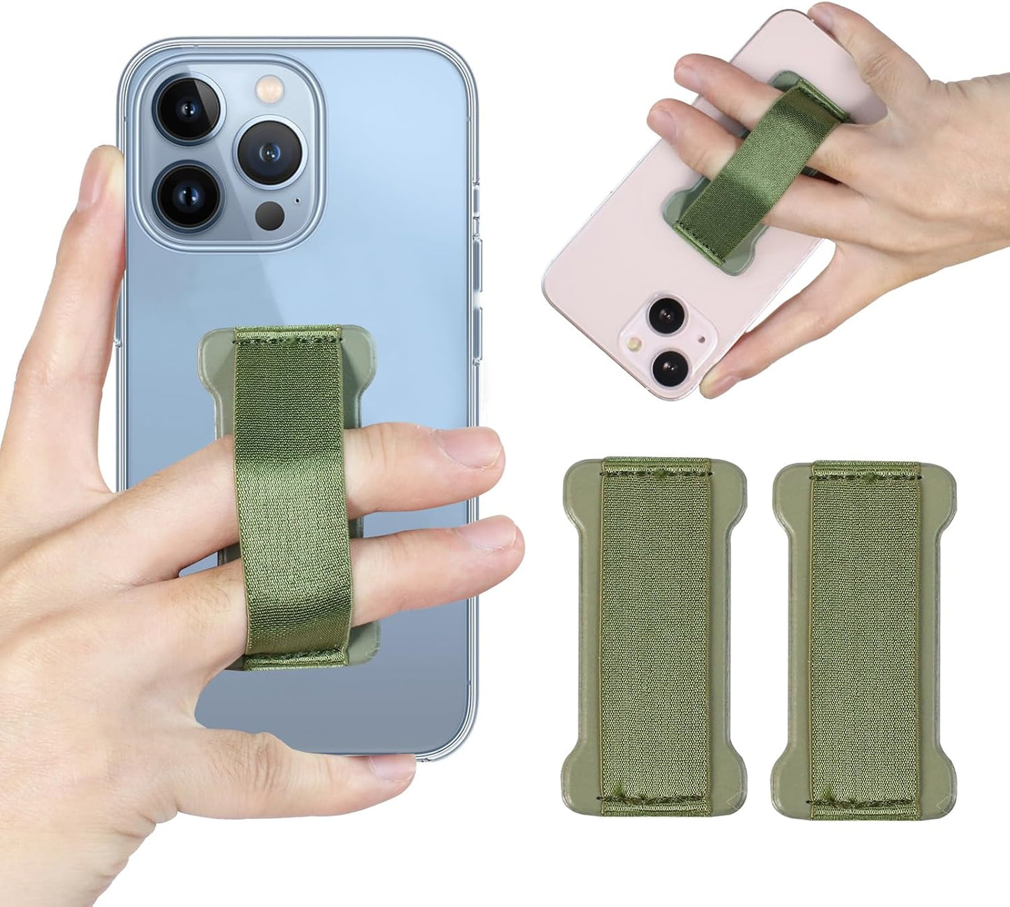 Phone Grip Holder for Hand, Universal Finger Strap Phone Holder, Finger Selfie Grip Compatible with Most Smartphones (Green) - 2Pack