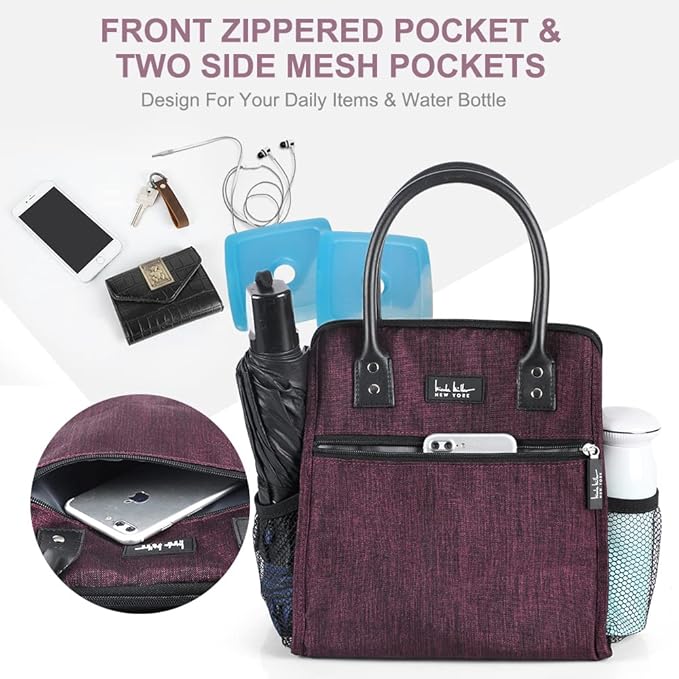 Nicole Miller Insulated Lunch Bag Tote Thermal Soft Side Wide-Open Cooler Ice Bag Lunch Box for Food with Drink Bottle Holder