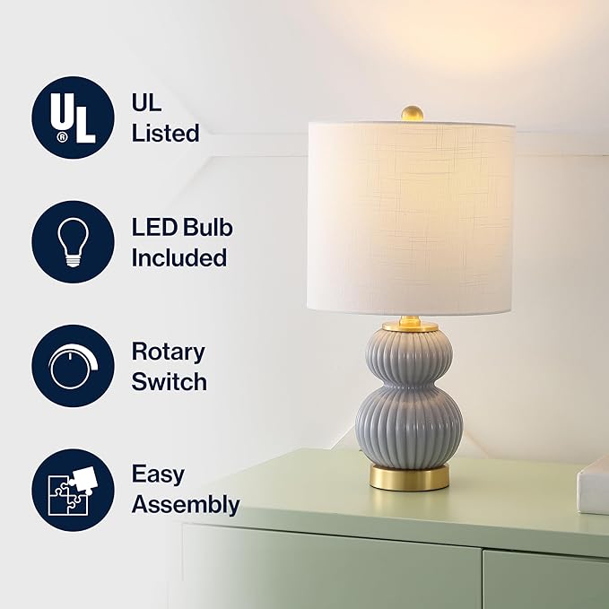 JONATHAN Y 20" Gray/Brass Gold Ribbed Gourd Glass Table Lamp, Modern Bedside Lamp for Bedroom Living Room, White Linen Drum Shade, LED Bulb Included (JYL1099C)