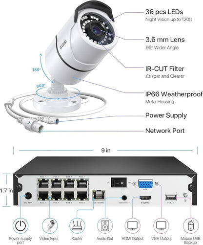 ZOSI 8CH 4K PoE Home Security Camera System, 8 Ports 16CH 8MP NVR with 2TB HDD, 4pcs 5MP Outdoor PoE IP Cameras, 120ft Night Vision, Motion Detection, Remote Access, for 24/7 Recording