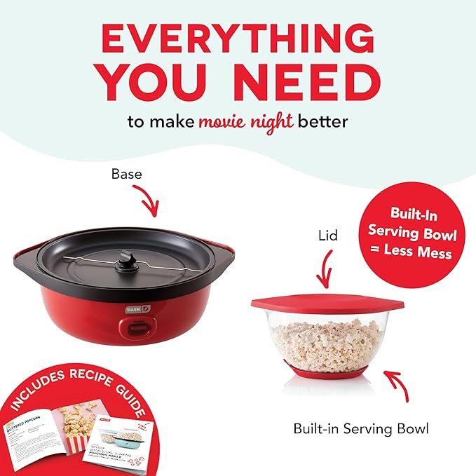 Dash SmartStore Deluxe Stirring Popcorn Maker - Hot Oil Electric Popcorn Popper with Butter-Warming Tray, Clear Serving Bowl, Storage Lid & Measuring Cup - 24 Cups, Red