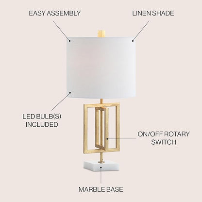 JONATHAN Y 20.25" Gold Contemporary Glam Metal and Marble Table Lamp, Modern Geometric Iron Desk Lamp for Bedroom Living Room, White Linen Shade, LED Bulb Included JYL1039A
