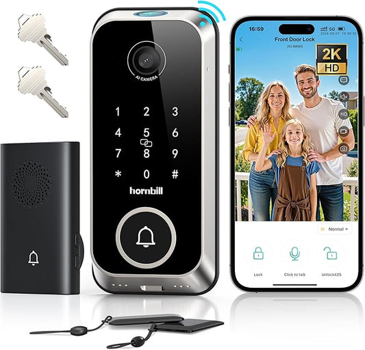Hornbill Video Smart Lock with Camera: 10-in-1 Ring+2K Camera+Doorbell+Fingerprint Keyless Entry Door Lock, Built-in WiFi Deadbolt(only 2.4G), Two-Way Audio/App Remote Control/PIR, Satin Nickel