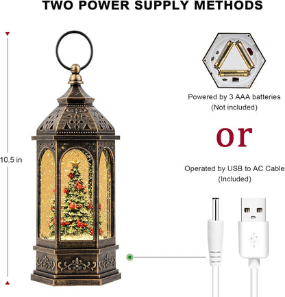 Christmas Snow Globe Lantern Water Glittering Christmas Tree with Cardinal, USB Lined/Battery Operated Lighted Lantern for Christmas Festival Decoration Gifts