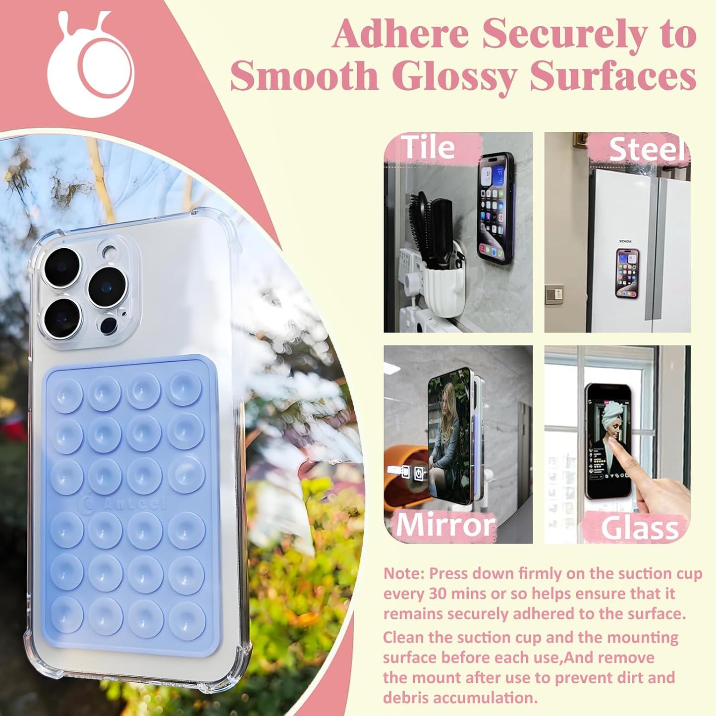 Anteel Medium-Sized Silicone Suction Phone Case Adhesive Mount, Enhanced Suction Power and Upgraded Thickened Sticky Phone Grip, Durable, Hands-Free Sticky Phone Holder, 2.28"x3.46" (LPK&LPK)
