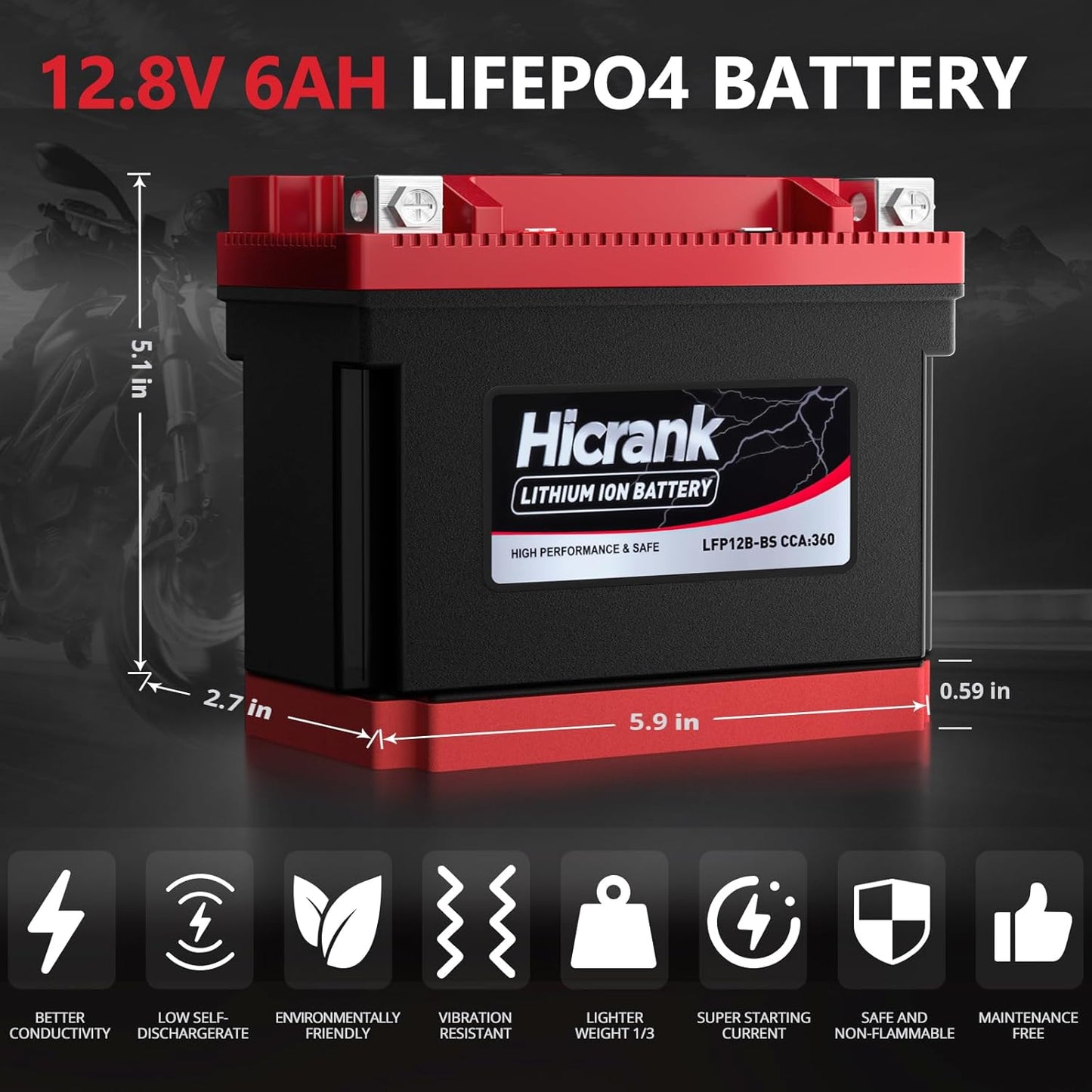 YT12B-BS Lithium 12V 6Ah 360CCA LiFePO4 Motorcycle Battery, Powersports Battery for Scooter, ATV, UTV, Jet Ski, Personal Watercraft, Snowmobile, Quad, Riding Lawn Mower, Tractor