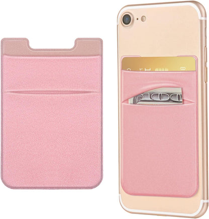 2 Pack Stick On Wallet Sleeve Cell Phone Dual Pocket Card Holder Double Pocket Pouch for iPhone Android Smartphone (2Pack PINK)