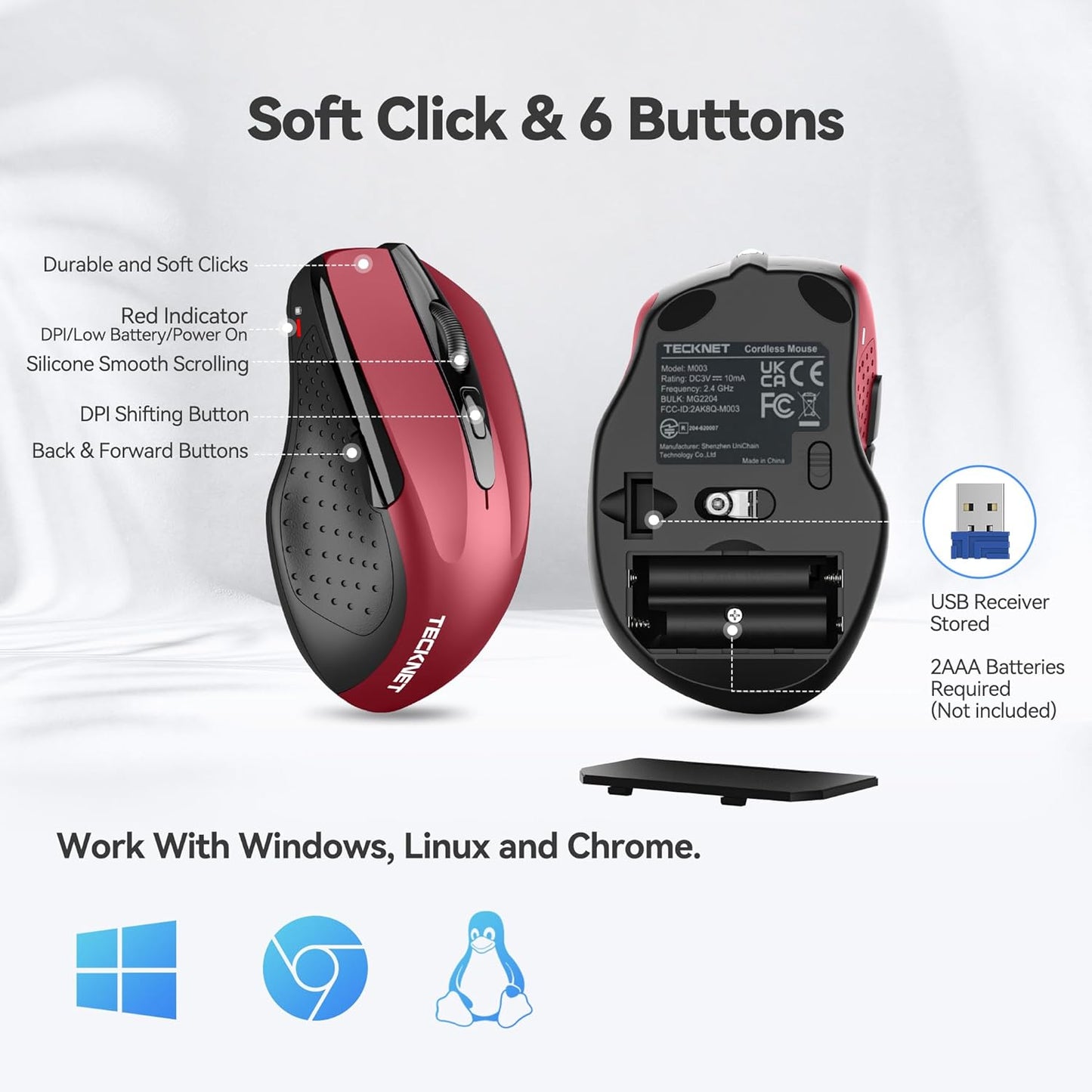 TECKNET Wireless Mouse, 2.4G Ergonomic Optical Mouse, Computer Mouse for Laptop, PC, Computer, Chromebook, Notebook, 6 Buttons, 24 Months Battery Life, 4000 DPI, 6 Adjustment Levels
