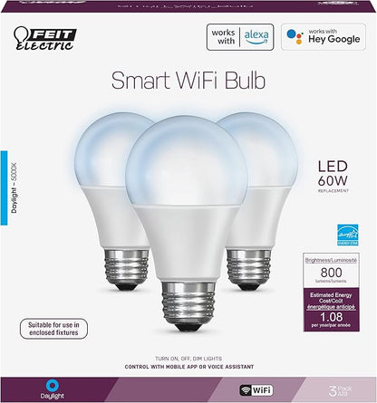Feit Electric OM60/950CA/AG/3 60 Watt Equivalent WiFi Dimmable, No Hub Required, Alexa or Google Assistant A19 LED Smart Light Bulbs, 4.4" H x 2.4" D, 5000K Daylight, 3 Count