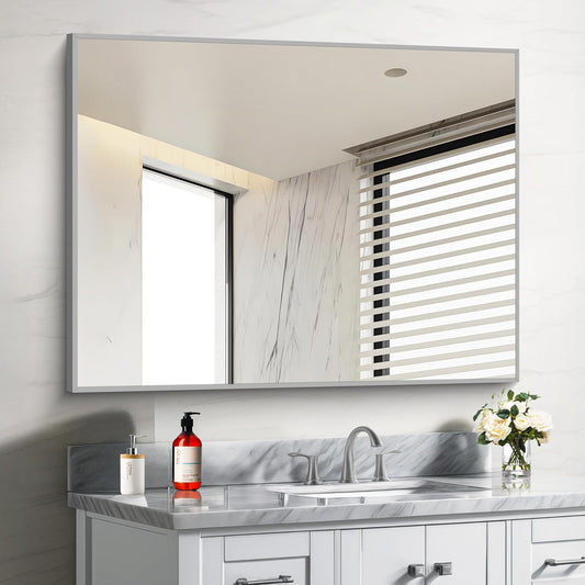 Silver Bathroom Mirror, 48"X36" Rectangle Mirrors for Wall Metal Frame, Bathroom Rectangular Mirror Modern Wall Mirror for Bedroom Living Room, Hangs Horizontal or Vertical