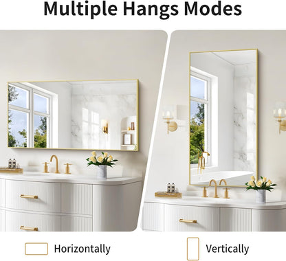 48x24In Gold Bathroom Mirror for Wall, Brushed Gold Rectangle Mirrors with Metal Frame, Bathroom Rectangular Mirror Modern Wall Mirror for Bedroom Living Room, Hangs Horizontal or Vertical