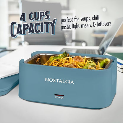 Nostalgia Portable Heated Lunch Box – 4-Cup Stainless Steel Food Warmer – Detachable Cord, Leak-Proof Lid, Carry Handle – Portable for Work & Travel – Ocean Blue