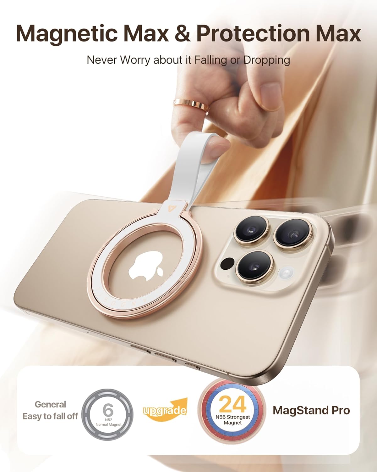andobil [2025 Unrivaled Stability] Magnetic Phone Grip Holder for MagSafe Ring Stand Holder Kickstand Compatible with MagSafe Accessories for iPhone 16 Pro Max Plus iPhone15/14/13/12&Android,Rosegold