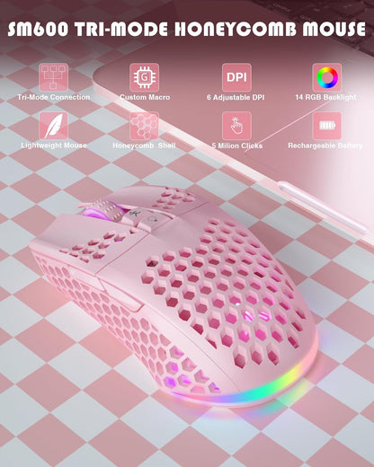 SM600 Pink Wireless Gaming Mouse with Honeycomb Shell, Side Buttons,Tri-Modes(BT5.1+BT5.1+2.4GHz) Lightweight RGB Wireless Mouse for PC/Tablet/Desktop/Office/Games