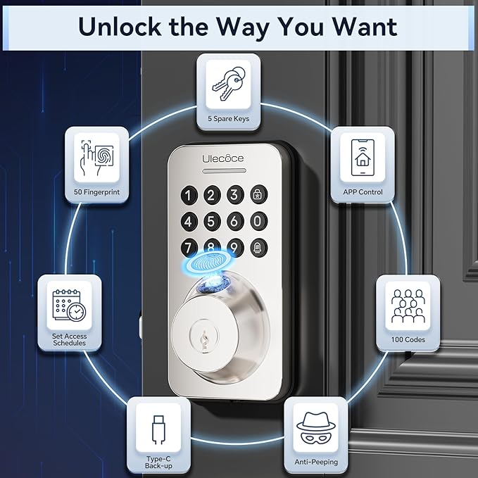 Fingerprint Keypad Deadbolt with Handle Set, Keyless Entry Door Lock, Door Locks for Front Door Lock Set, App Control, Auto Locking, Easy to Install, Satin Nickel