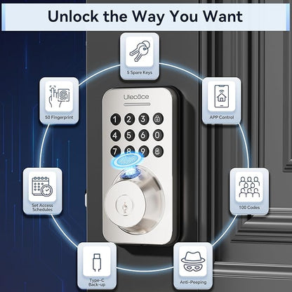 Fingerprint Keypad Deadbolt with Handle Set, Keyless Entry Door Lock, Door Locks for Front Door Lock Set, App Control, Auto Locking, Easy to Install, Satin Nickel