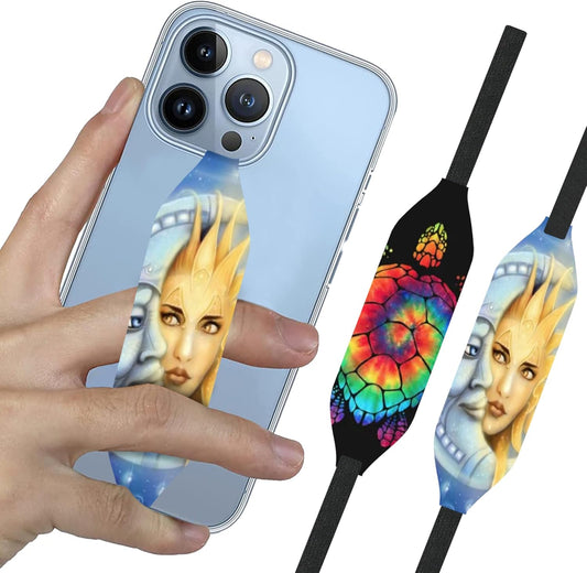 Phone Grip Strap - Pack of 2 Reversible Finger Holder for Phone, Customizable Anti-Slip Design, Wireless Charging Compatible Detachable Holder for iPhone - Moon Sun & Psychedelic Turtle