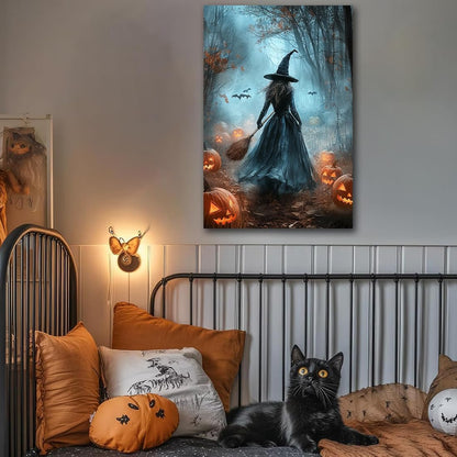 Vintage Moody Halloween Witch Artwork Wall Decor,Spooky Halloween Gothic Canvas Artwork Creepy Horror Witch with A Broom Pumpkin Bats Rustic Forest Picture,Dark Academia Poster,12"x18" Framed