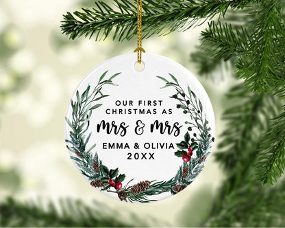 Andaz Press Personalized Our First Christmas As Mrs. & Mrs. 2025 Christmas Ornaments Holly & Pinecone Wreath 2.8" Round Porcelain Ceramic Lesbian Married Couple Gay Women Wedding Keepsake 1-Pack