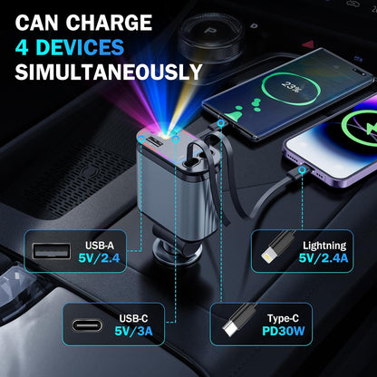 Car Charger with Starlight, 66W USB C Fast Car Chargers Adapter, 4 in 1 Retractable Car Charger with 2 USB Ports Car Phone Chargers for iPhone 16/15/14/13/12/11 and for Android (Dark Grey)