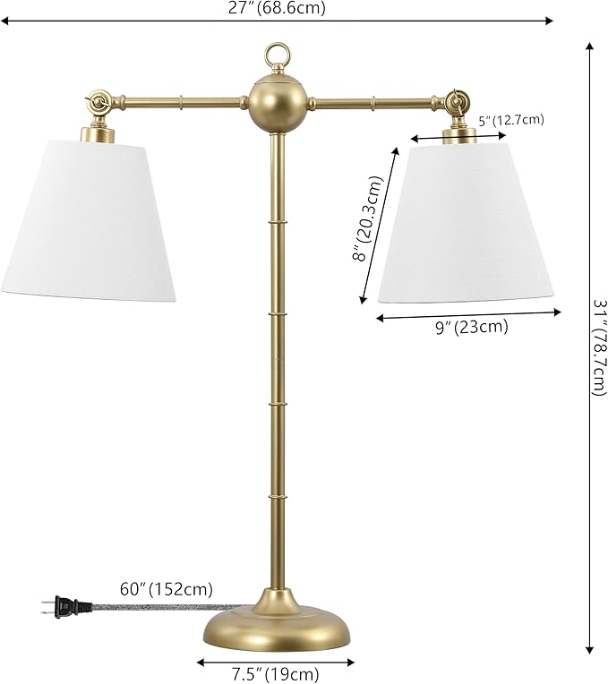 JONATHAN Y 31" Gold 2-Light Contemporary Farmhouse Adjustable Iron Library LED Table Lamp, White Linen Shades for Living Room Office Sideboard, LED Bulbs Included JYL3074A
