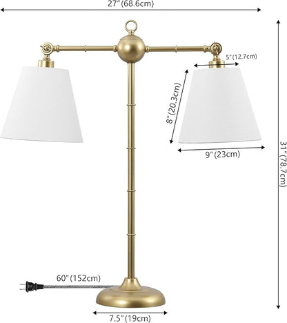 JONATHAN Y 31" Gold 2-Light Contemporary Farmhouse Adjustable Iron Library LED Table Lamp, White Linen Shades for Living Room Office Sideboard, LED Bulbs Included JYL3074A