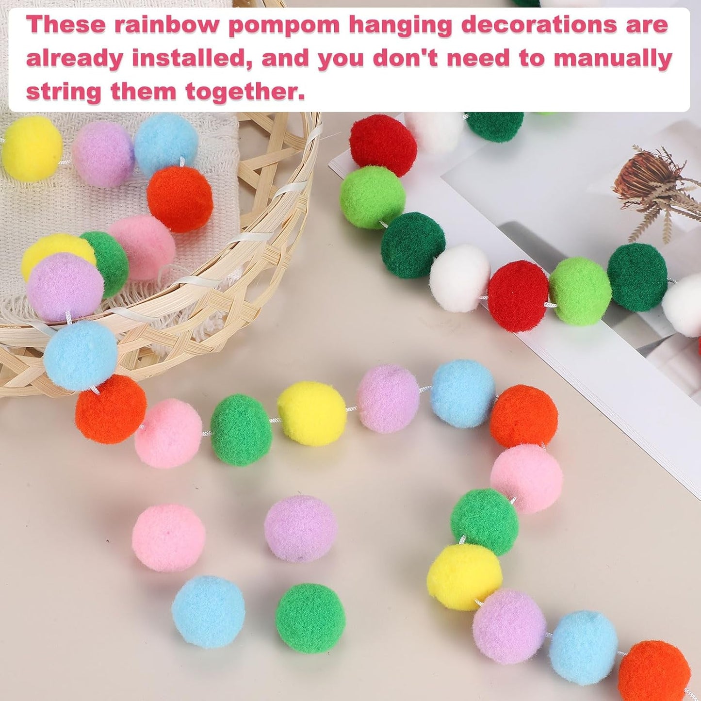 PATIKIL 13Ft Pom Pom Garland Decorations, 2Pcs Colorful Felt Ball Garland Banner Cute Rainbow Pompom Hanging Decorations for Tree Ornaments Decor, Yellow/Brown/Gold Tone/White/Orange/Red