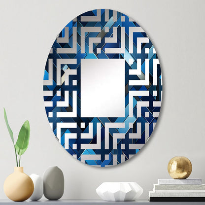 Symmetric Cubes in Deep Cobalt Blue - Geometric Maze - 20x30 Inches - Oval Decorative Wall Mirror for Bathroom, Bedroom, Entryway, Living Room, Vanity Room and Modern Décor