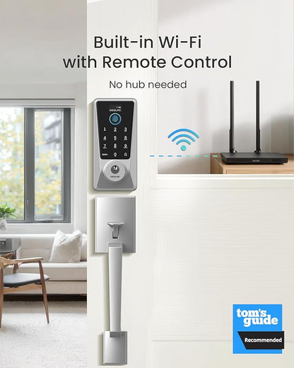 DESLOC D110 Plus Built-in Wi-Fi Smart Lock with Handle Set, Keyless Unlock in 0.5s with Fingerprint, Touchscreen Deadbolt with Visible Display, App Remote Control, BHMA Grade 3, IP54, Auto Lock